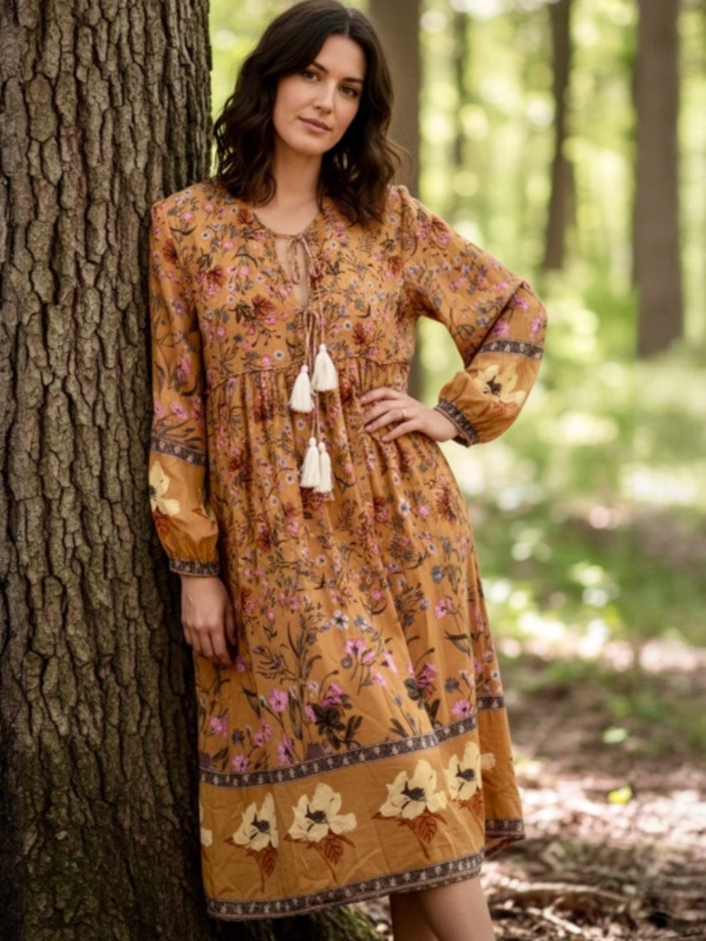 R. Vivimos Dijon Mustard Long Sleeve Floral Print Retro Tassel Bohemian Dress - Picture 6 of 9